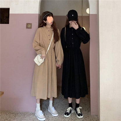 Retro Aloofness Style Mid-length Waist Fungus Long Sleeve Dress