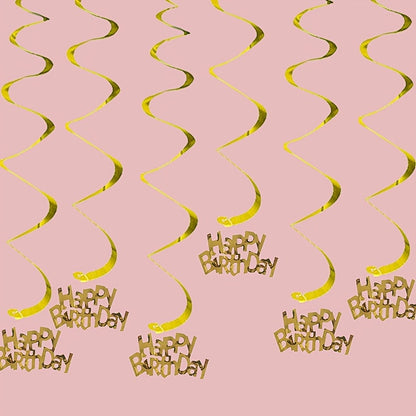 6pcs-Golden, Silvery, Rose Red, Dark Blue, Lake Blue, Rose Golden Birthday Party Spiral Decoration Pendants, Birthday Letter Spiral Decoration