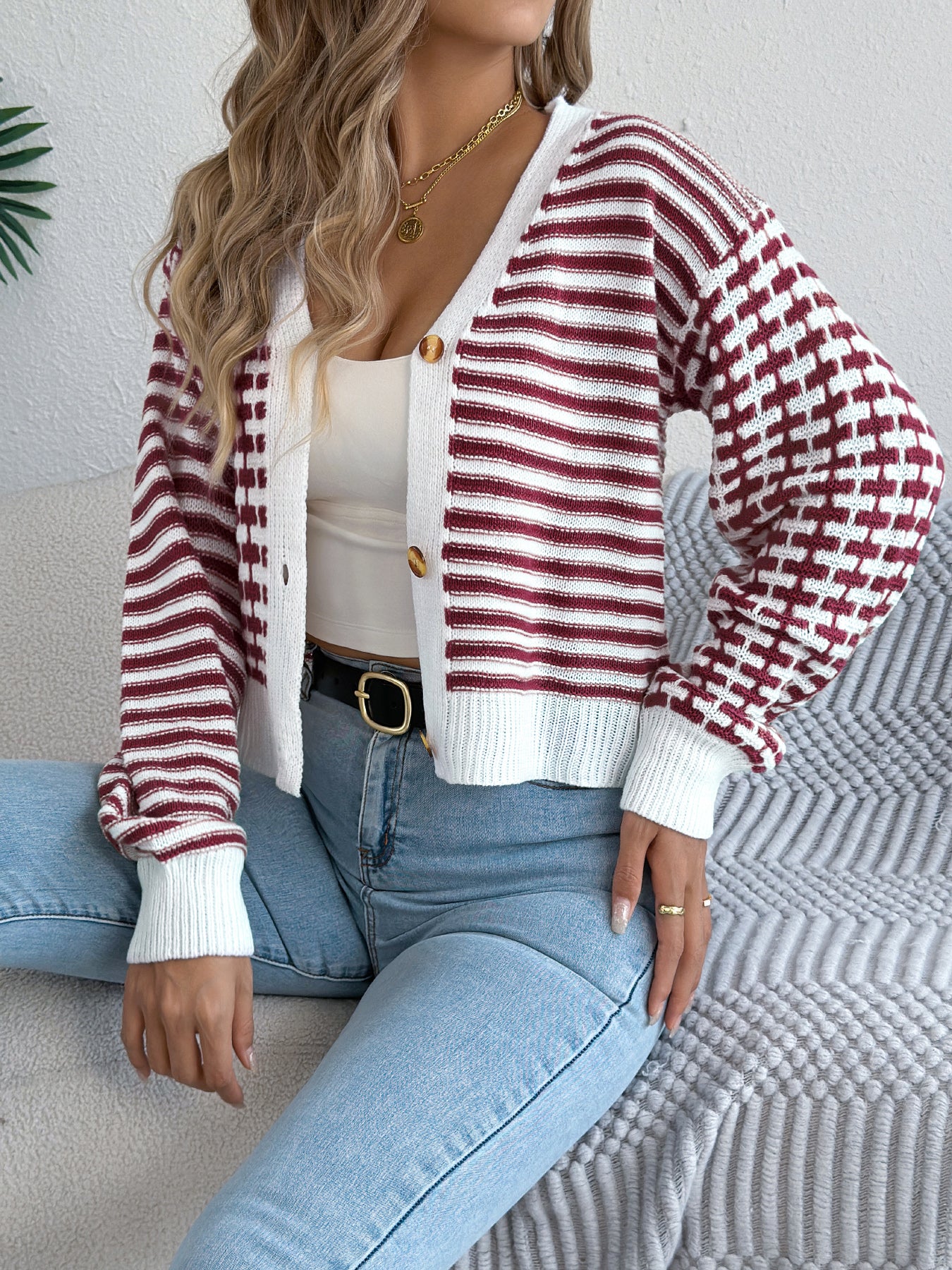 Women Color Block Stripe Lantern Sleeve Short Cardigan Sweater