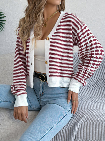Women Color Block Stripe Lantern Sleeve Short Cardigan Sweater