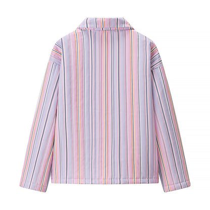 Women's Long-sleeved Polo Collar Stripes Cotton-padded Coat