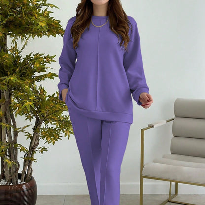 Women's Fashion Casual Solid-Color Crew-Neck Top And Pants Two-Piece Set