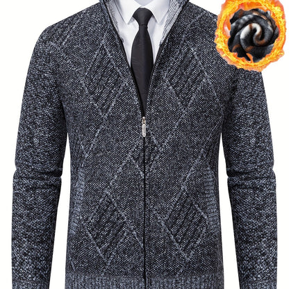 Mens Diamond Plaid Cardigan - Stylish Casual with Refined Stand Collar - Luxuriously Plush & Cozy Warm Knit Zip Up - Eye-Catching Design