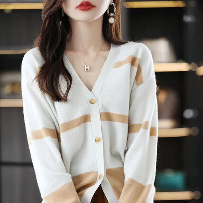 Fashion Striped Button Knitted Cardigan V-neck Women