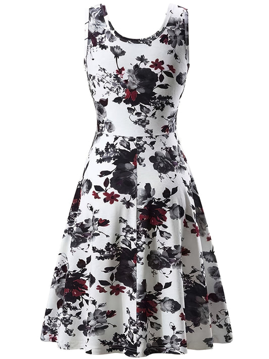 Romantic Floral Print Sleeveless Beach Dress - Flattering Squared Neck, High Waist Ruffle Hem, Perfect for Fashionable Womens Summer Wardrobe