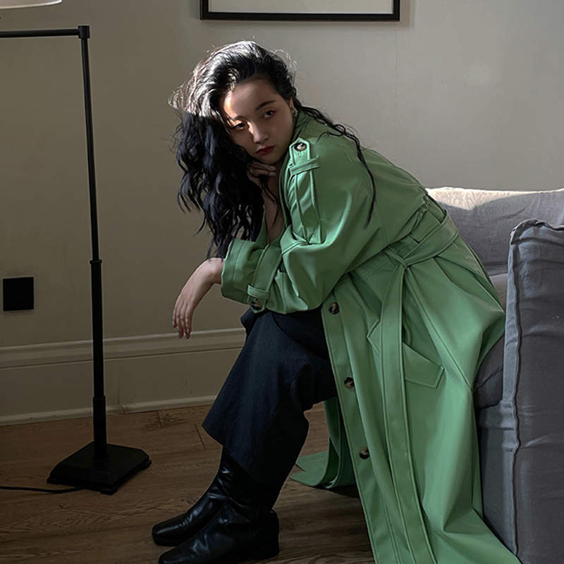 Women's Mid Length Green Leather Trench Coat