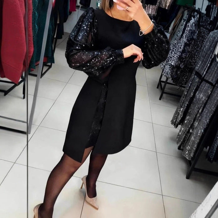 Women's Elegant Patchwork Sequin Puff Sleeve Short Dress