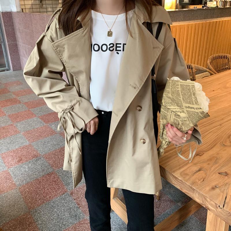 New Lantern Sleeve Loose Black Windbreaker Women's Wild Mid-length Coat