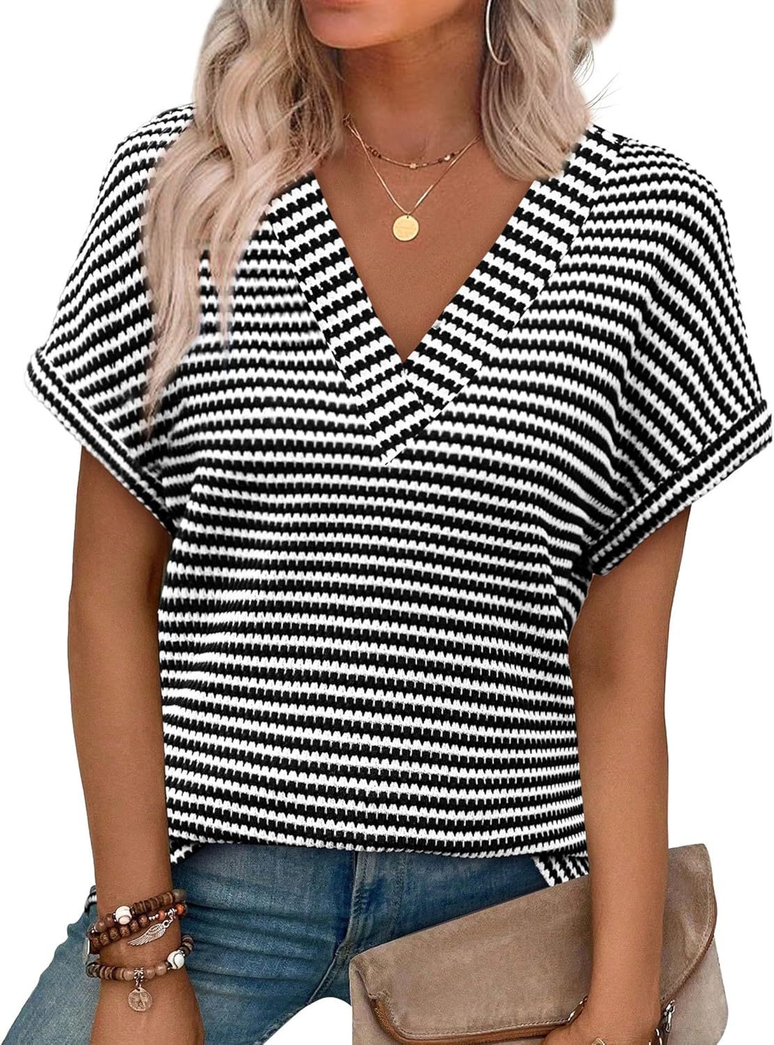Casual Striped Textured Short-Sleeve Arrival V-Neck Knitted T-Shirt