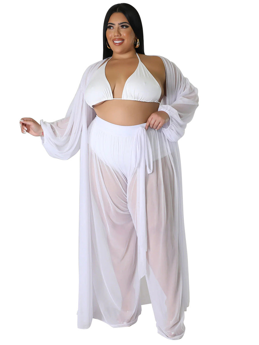 Women's Solid-Color Batwing-Sleeve Sexy Sheer Top And Pants Plus-Size Two-Piece Set
