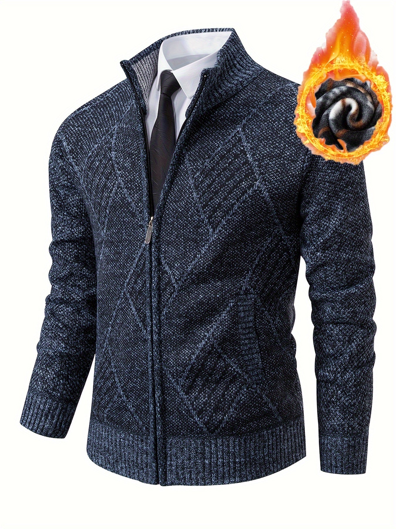 Mens Diamond Plaid Cardigan - Stylish Casual with Refined Stand Collar - Luxuriously Plush & Cozy Warm Knit Zip Up - Eye-Catching Design