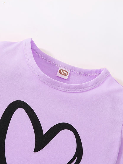 Girls' Fashion Set: Heart Print Round Neck Short Sleeve T-Shirt & Sweatpants 2pcs Casual Cotton Outfit, Perfect for Outdoor