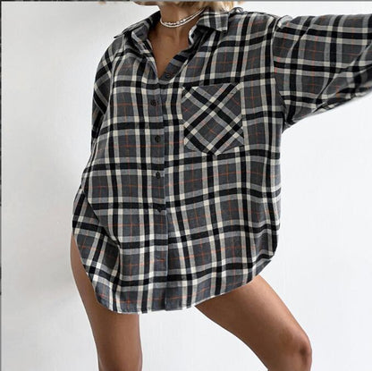 European And American-style Plaid Lapel Elegant Women's Blouse
