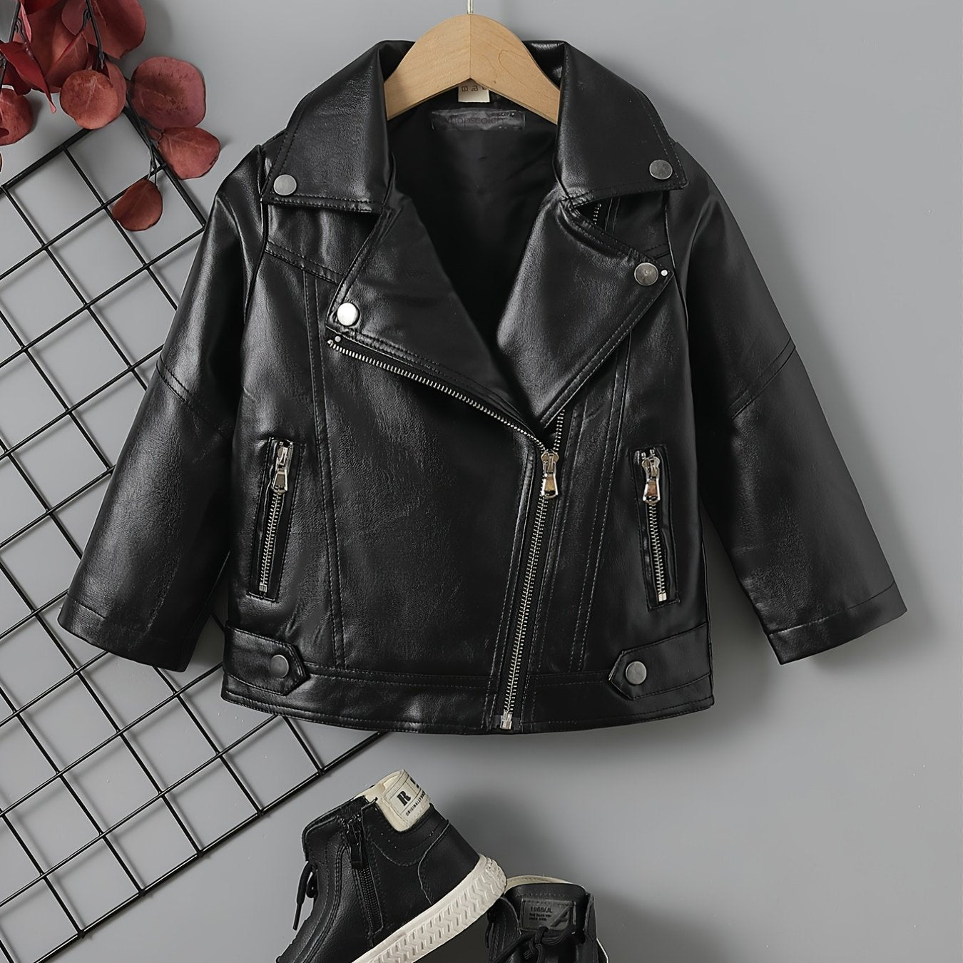 Children's Lapel PU Leather Jacket Zipper Coat Top For Girls And Boys Kids Clothes