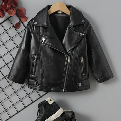 Children's Lapel PU Leather Jacket Zipper Coat Top For Girls And Boys Kids Clothes