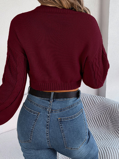 Women Casual Solid Color Cable Knit Long Sleeve Cropped Pullover