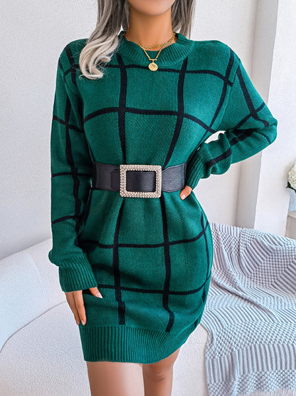 Premium Color Block Plaid Sweater Dress - Women's Long Sleeve Casual Bodycon Dress