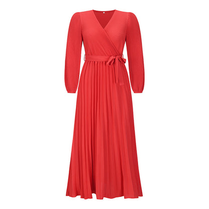 V-neck Long Sleeve Pleated A- Line Mid-length Dress