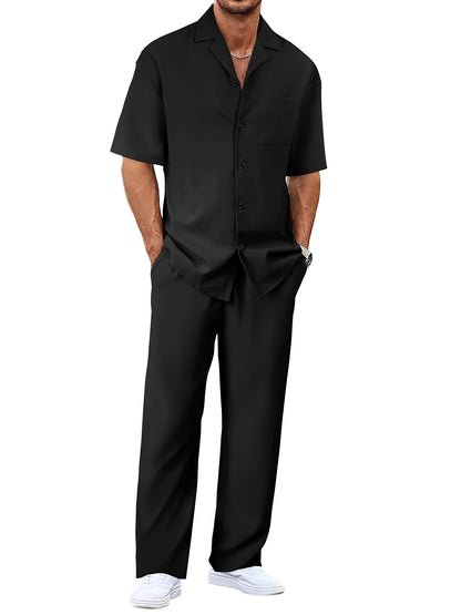 Men's Trousers Suit Fashion Lapel Button Short Sleeve Shirt And Pocket Straight Pants Clothing