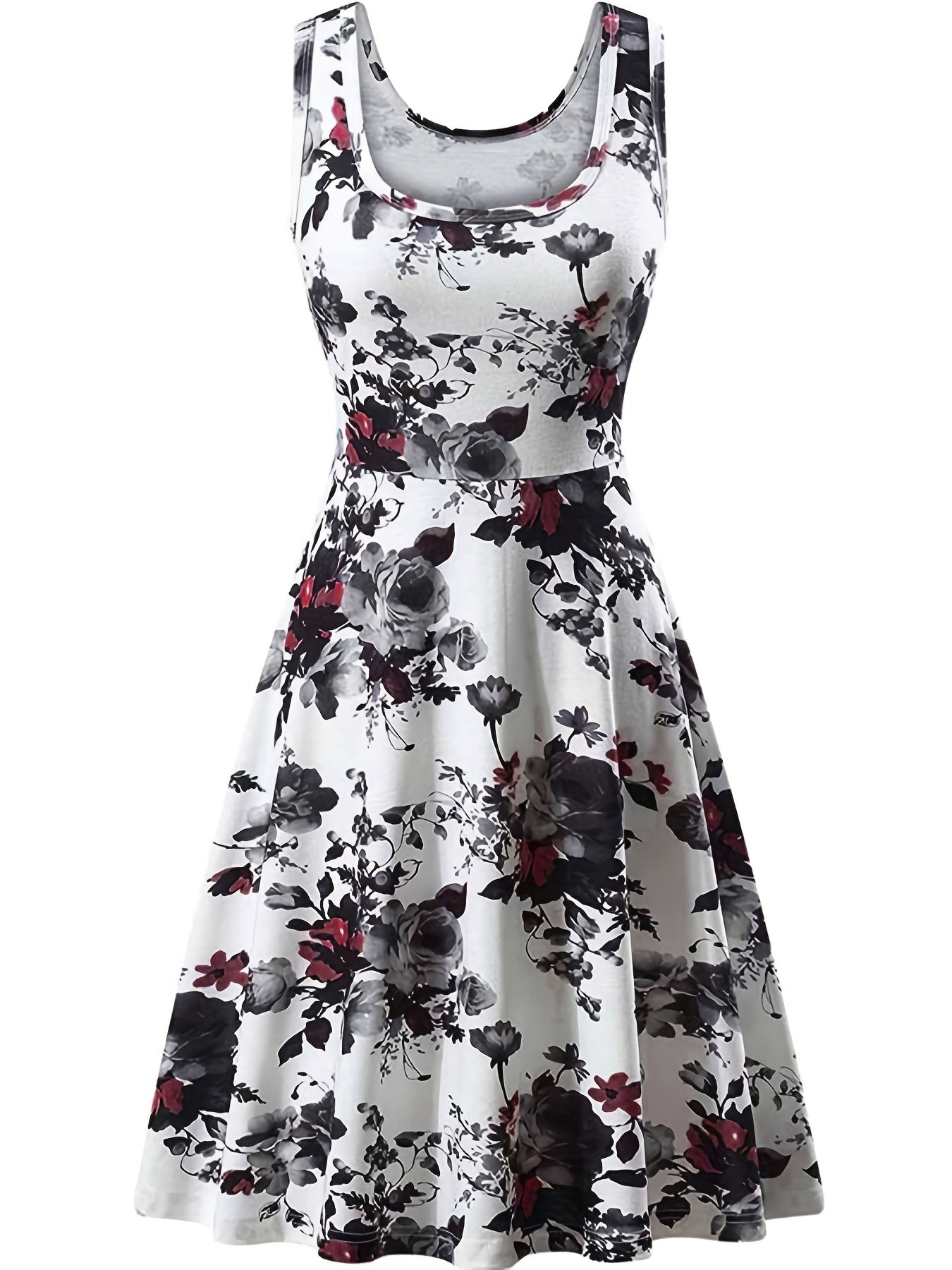 Romantic Floral Print Sleeveless Beach Dress - Flattering Squared Neck, High Waist Ruffle Hem, Perfect for Fashionable Womens Summer Wardrobe