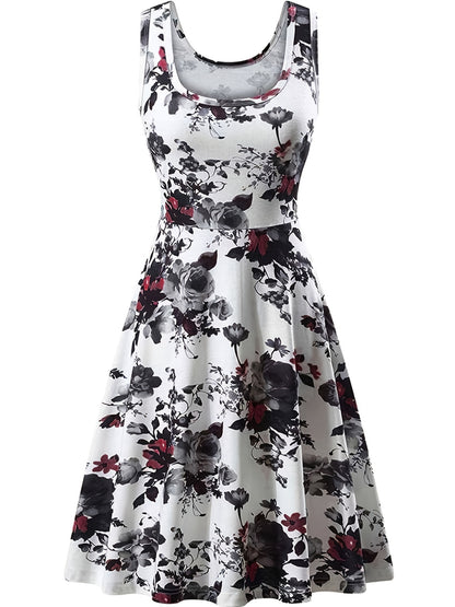 Romantic Floral Print Sleeveless Beach Dress - Flattering Squared Neck, High Waist Ruffle Hem, Perfect for Fashionable Womens Summer Wardrobe