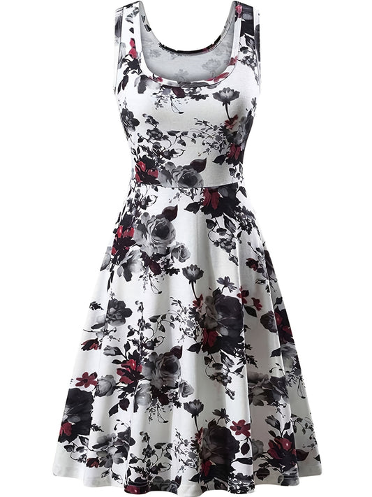Romantic Floral Print Sleeveless Beach Dress - Flattering Squared Neck, High Waist Ruffle Hem, Perfect for Fashionable Womens Summer Wardrobe