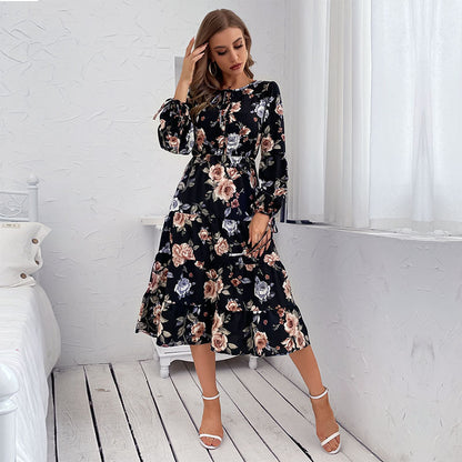 Womens Crew-neck Long-sleeve Tie-dye Printed Dress