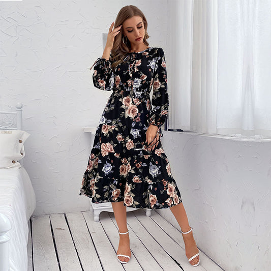Womens Crew-neck Long-sleeve Tie-dye Printed Dress