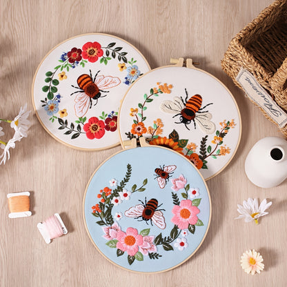 5set Embroidery Kit, Honeybee And Flowers, Include 1 Embroidery Hoop 7.9 Inch