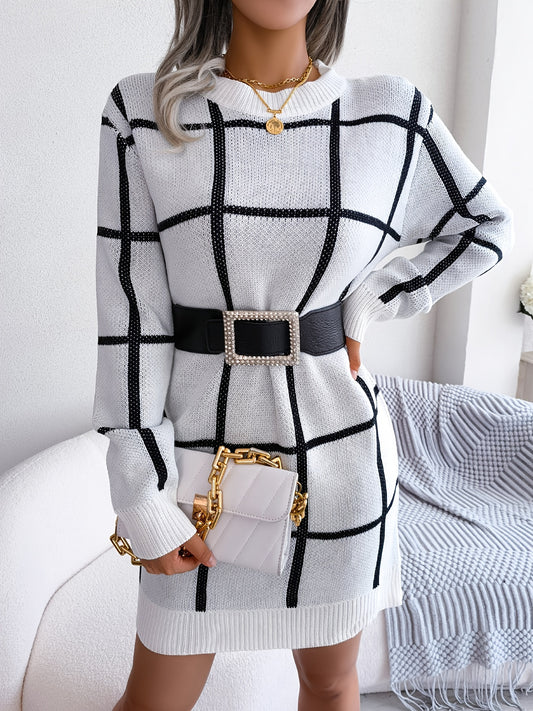Premium Color Block Plaid Sweater Dress - Women's Long Sleeve Casual Bodycon Dress