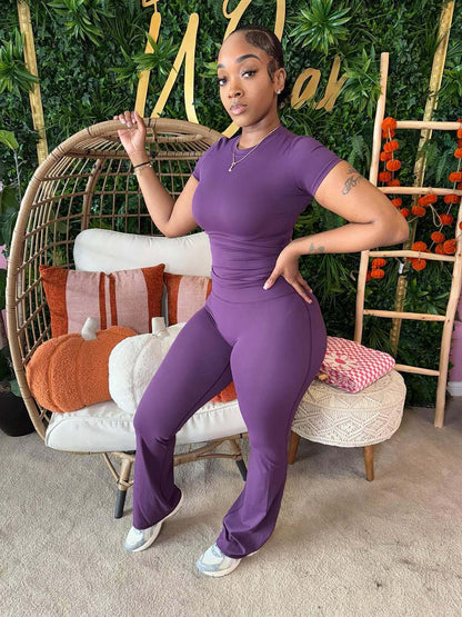 Fashionable Solid-Color Slim-Fit Stretchy Versatile Short-Sleeve Top And Pants Set