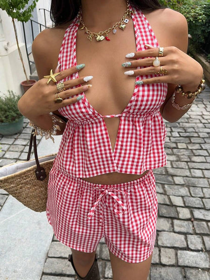 Lace-up Striped Plaid Suit Women's Clothing