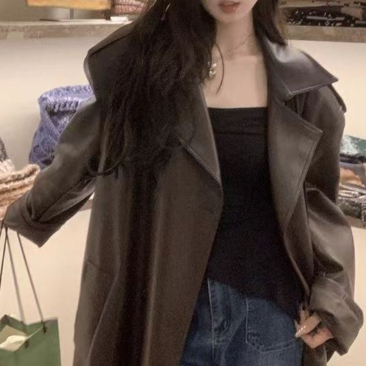 Schwerer Industrie-Ledermantel, mittellanger Windbreaker-Mantel