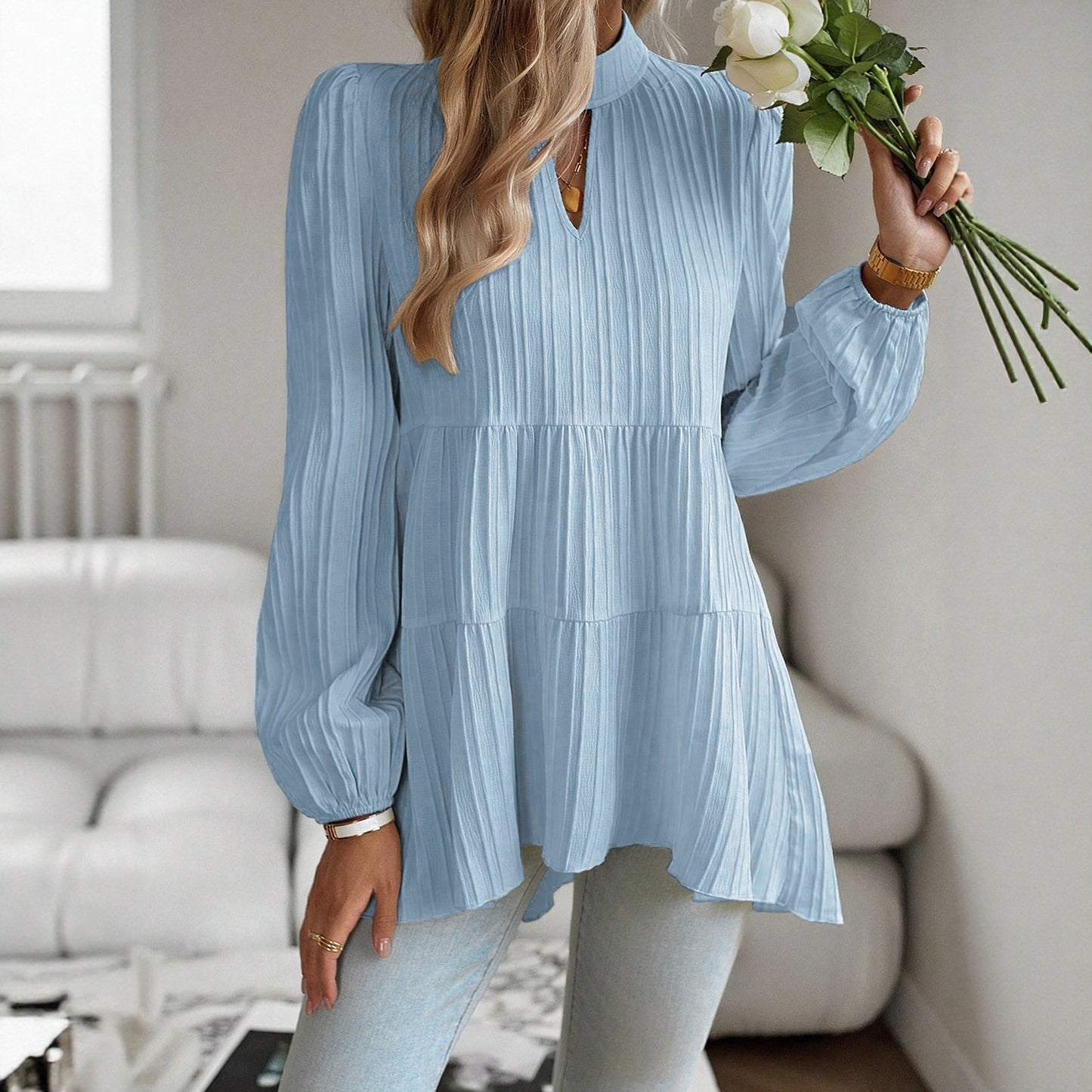 Women's Puff-sleeve A-line Solid-color Long-sleeve Shirt