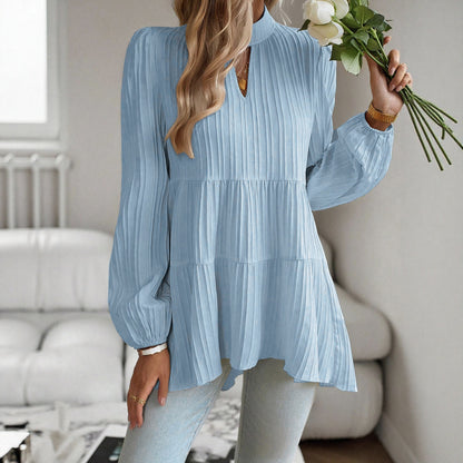 Women's Puff-sleeve A-line Solid-color Long-sleeve Shirt