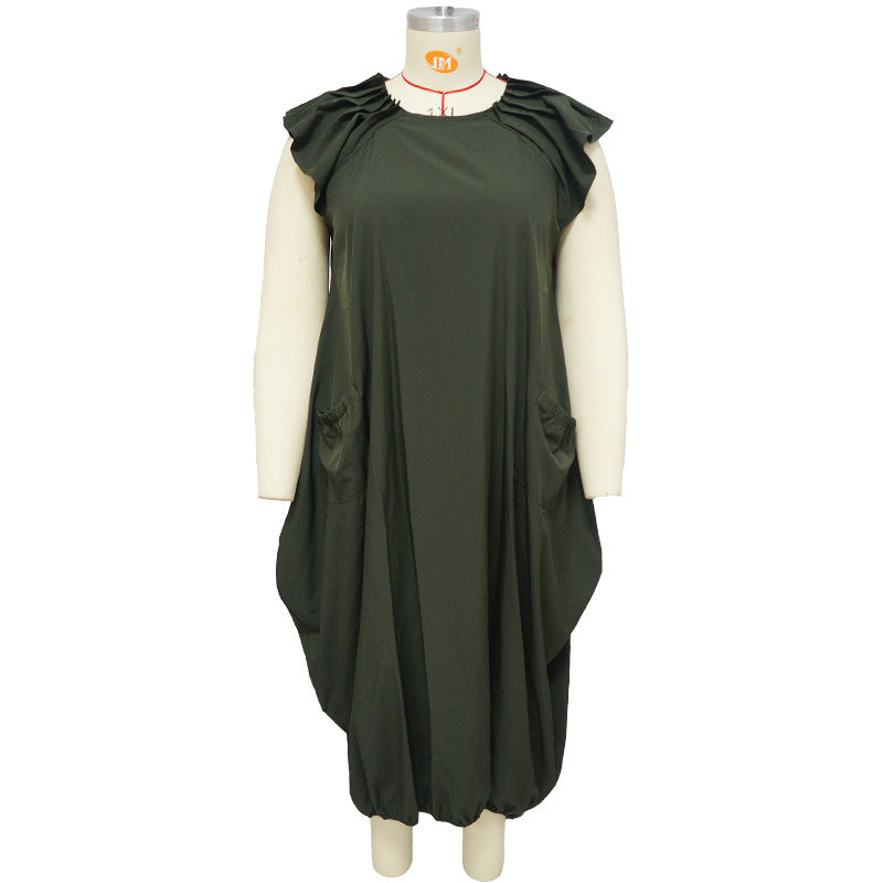 Women's Plus-Size Solid-Color Loose Dress With Two Pockets