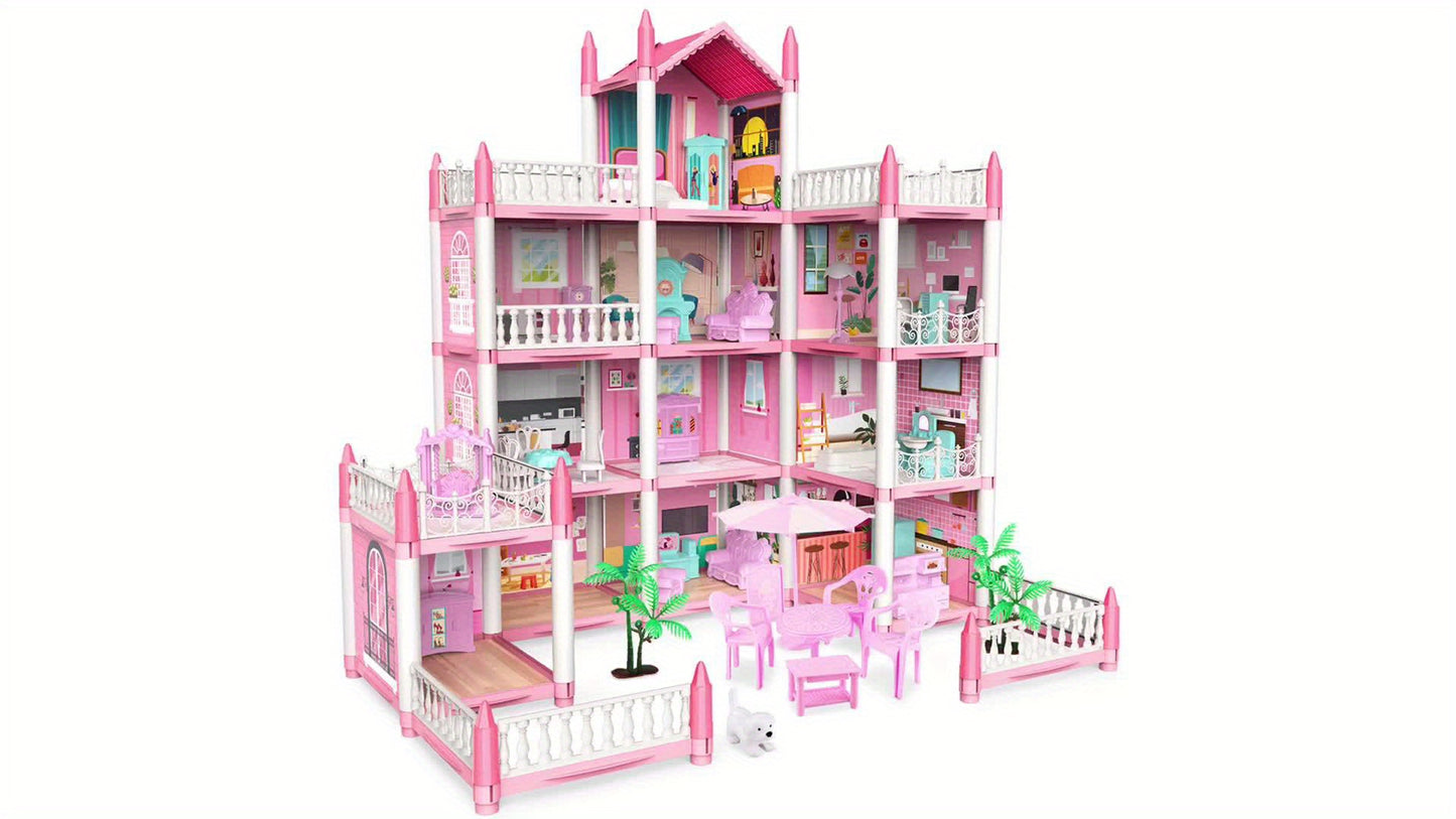 Pink Dollhouse for Girls - 11 Room DIY Pretend Play Toy House with Furniture