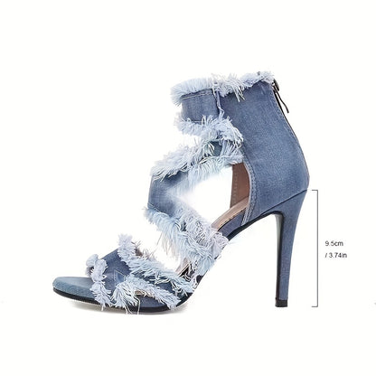 Women's Denim Cut-Out Stiletto Heels - Peep Toe High Heel Party Sandals with Back Zipper