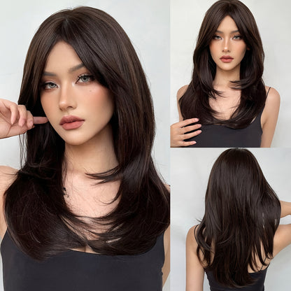 Long Dark Wigs For Women Cute Bob Layered Synthetic Wig Straight Hair Nature Looking