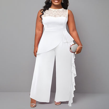 Solid-color Elegant Patchwork Loose-fitting Straight-leg Jumpsuit