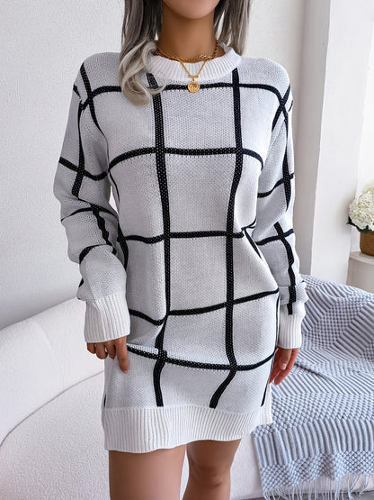 Premium Color Block Plaid Sweater Dress - Women's Long Sleeve Casual Bodycon Dress