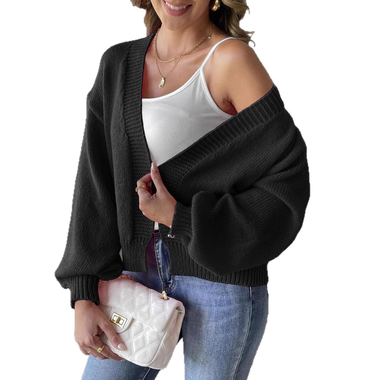 Women's Lantern Sleeve Simple Casual Short Sweater