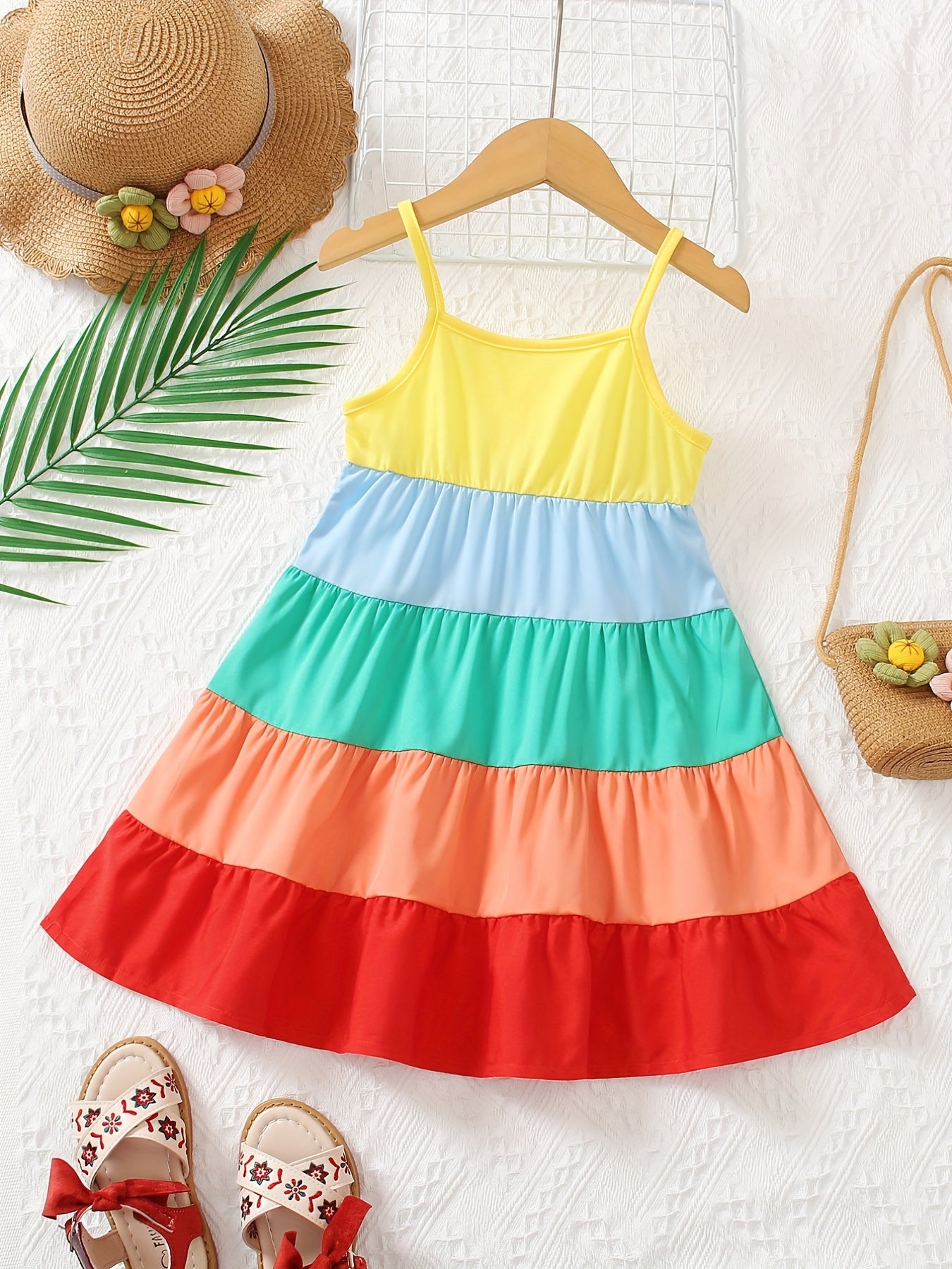 Girls' Spaghetti Strap Color-Blocked Rainbow Cake Dress - Perfect for Outdoor Occasions.