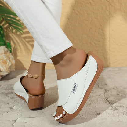 Summer Wedge Slides Slippers Fashion Fish Mouth Thick Bottom Roman Shoes Solid Color Beach Sandals For Women