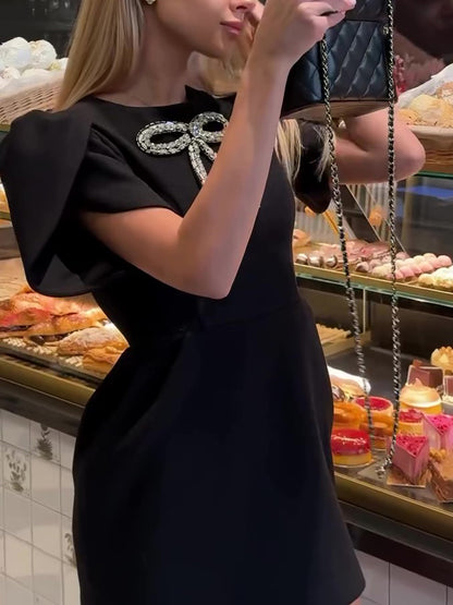 Elegant Rhinestone Bow Petal Sleeve Dress