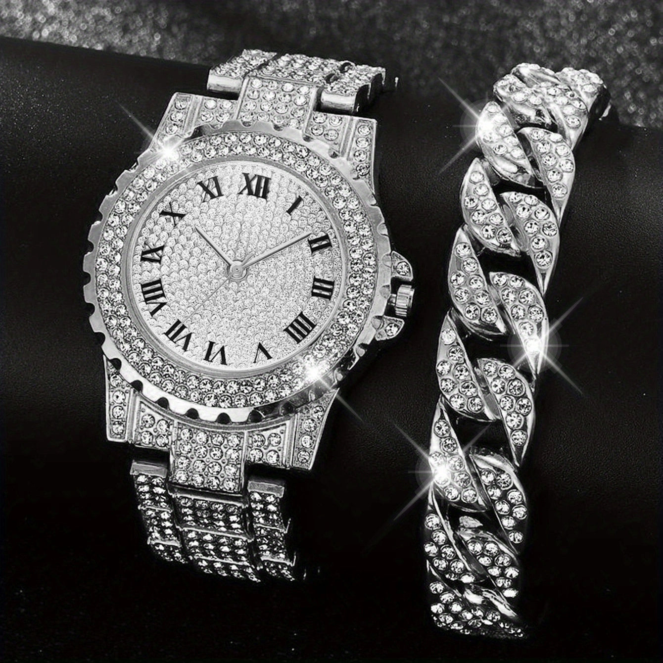 1pc Rhinestone Decor Quartz Watch Luxury Hiphop Analog Wristwatch & 1pc Bracelet, Gift For Xmas Valentine's Day