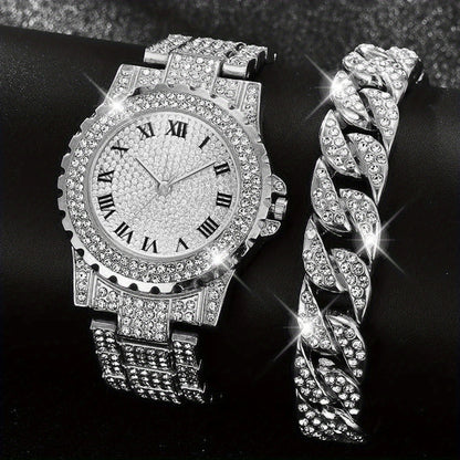 1pc Rhinestone Decor Quartz Watch Luxury Hiphop Analog Wristwatch & 1pc Bracelet, Gift For Xmas Valentine's Day