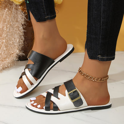 Women's Color Matching Round Head Flat Plus Size Slippers