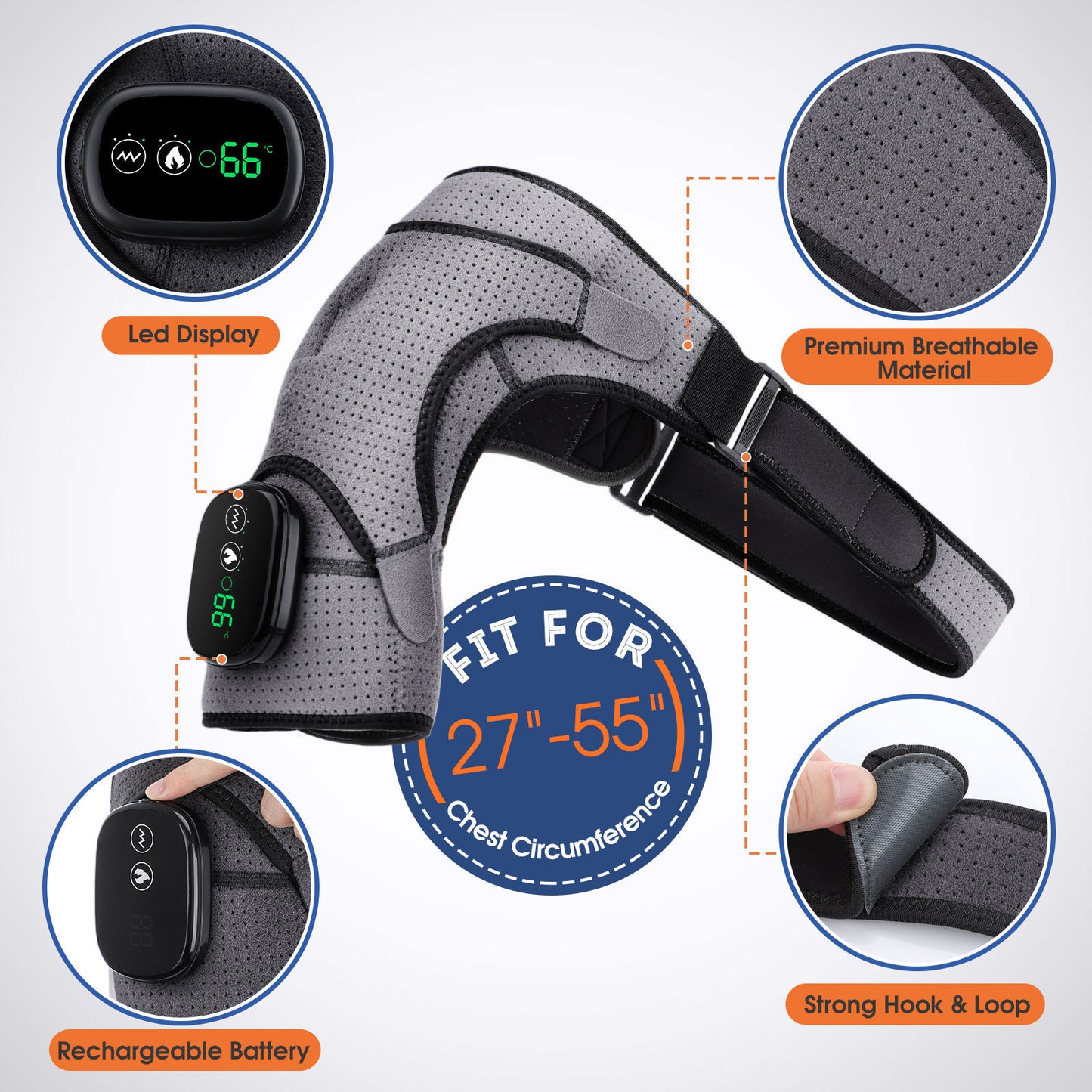 USB Rechargeable Shoulder Heating Massager - Adjustable Pain Relief Brace for Shoulder, Elbow & Knee