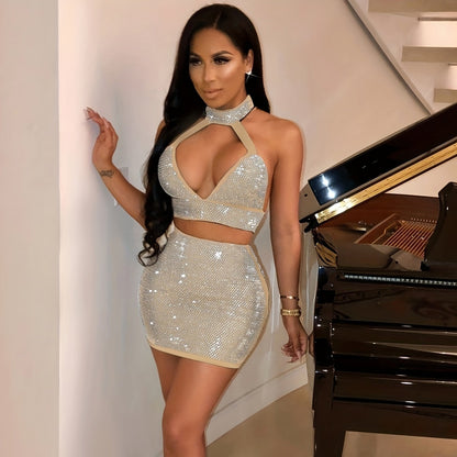 [Sexy Rhinestone Mini Dress] Sexy Rhinestone-Embellished Women's Two-Piece Mini Dress | Deep V-Neck, Stretchy High-Waisted Clubwear with Adjustable Spaghetti Straps, Glittery Sequin Detailing for Nightclub & Party Outfits, Su